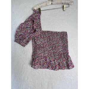 Vestique Top Blouse Size S One Shoulder Short Sleeve Pink Ruffle Floral Elastic